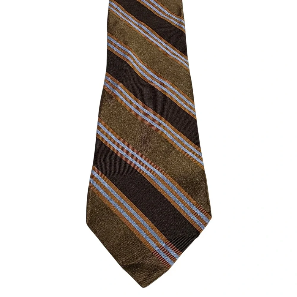 Ike Behar 7-Fold Mens Tie Necktie Designer Luxury Brown Blue‎ Stripe Cotton Silk